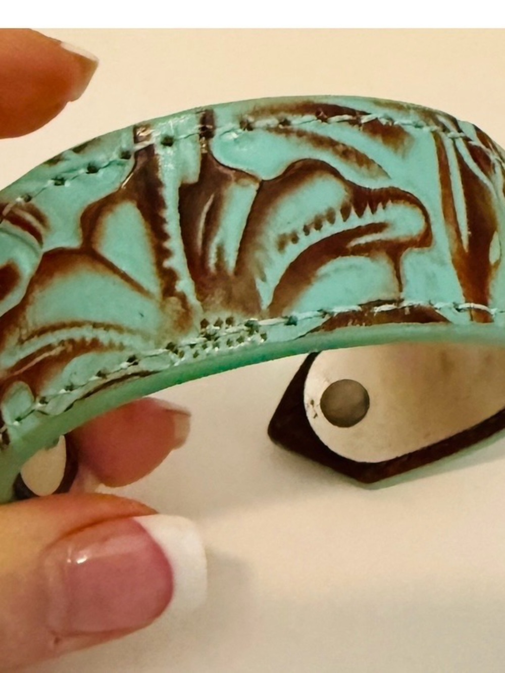 Patricia Nash Turquoise Tooled Leather Cuff Bracelet | Western Boho Statement - Picture 2 of 5